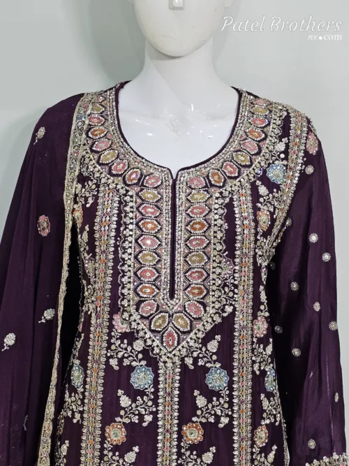 Elegant Dark Burgundy Pure Chinon Chiffon Embroidered Peplum Style Dress | 3236 D - Patel Brothers NX 3