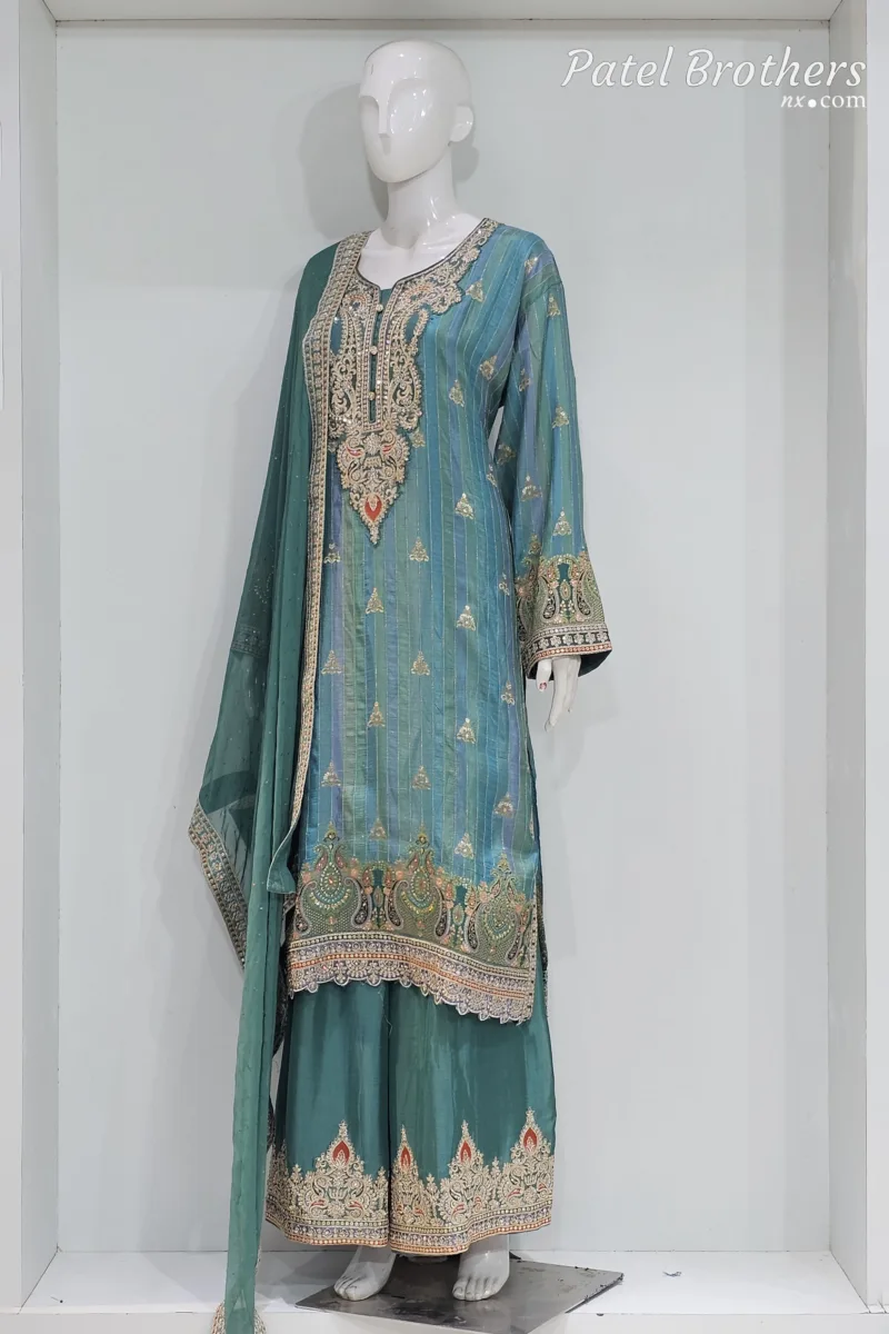 Royal Turquoise Pure Banarasi Muslin Silk Top and Bottom with Chiffon Dupatta | 3364 B - Patel Brothers NX 7