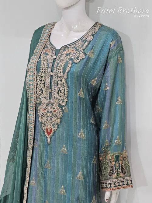 Royal Turquoise Pure Banarasi Muslin Silk Top and Bottom with Chiffon Dupatta | 3364 B - Patel Brothers NX 2