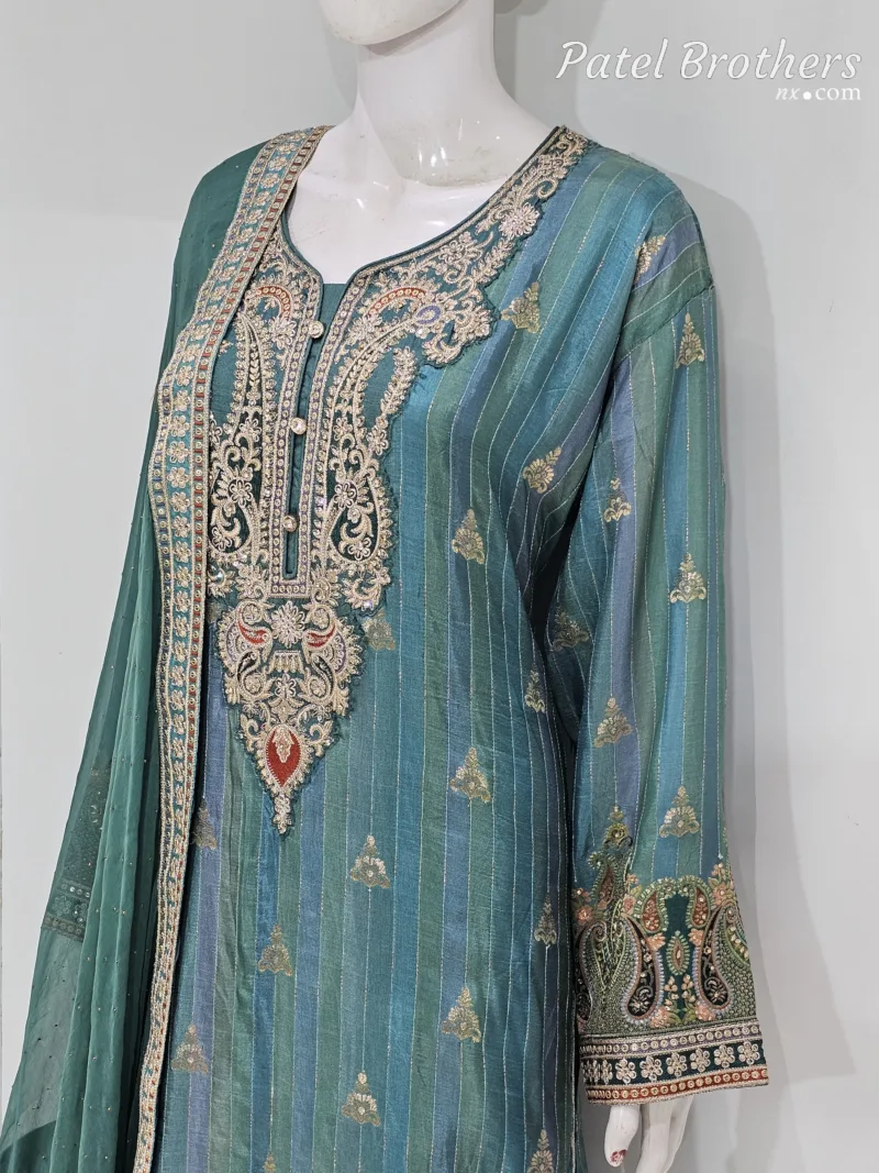 Royal Turquoise Pure Banarasi Muslin Silk Top and Bottom with Chiffon Dupatta | 3364 B - Patel Brothers NX 4