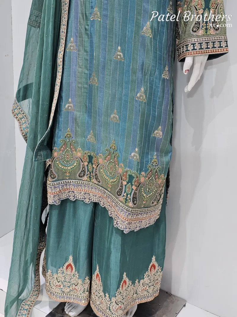 Royal Turquoise Pure Banarasi Muslin Silk Top and Bottom with Chiffon Dupatta | 3364 B - Patel Brothers NX 5