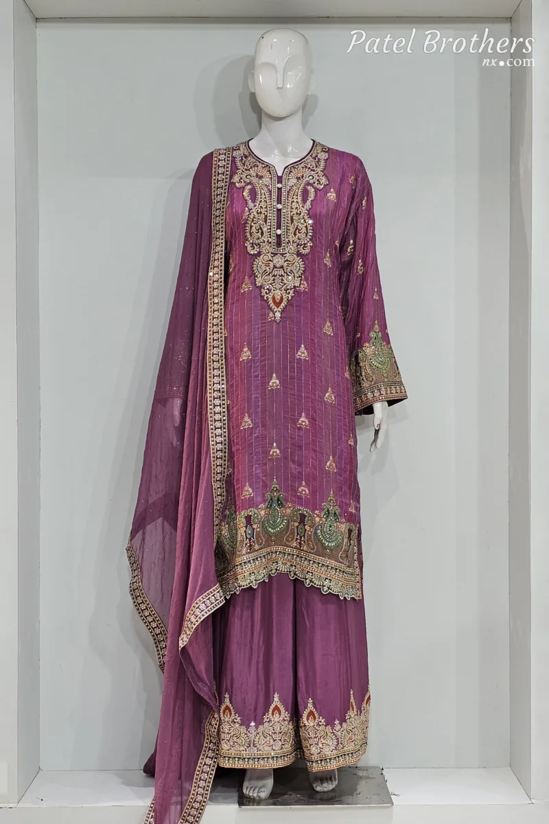 Royal Purple Pure Banarasi Muslin Silk Top and Bottom with Chiffon Dupatta | 3364 A - Patel Brothers NX 3