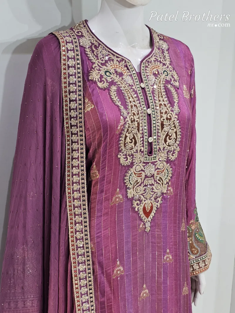 Royal Purple Pure Banarasi Muslin Silk Top and Bottom with Chiffon Dupatta | 3364 A - Patel Brothers NX 4