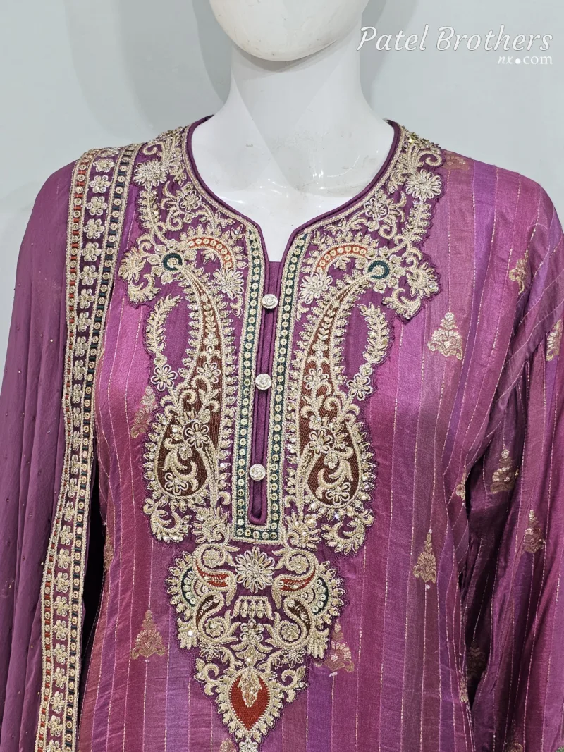 Royal Purple Pure Banarasi Muslin Silk Top and Bottom with Chiffon Dupatta | 3364 A - Patel Brothers NX 8