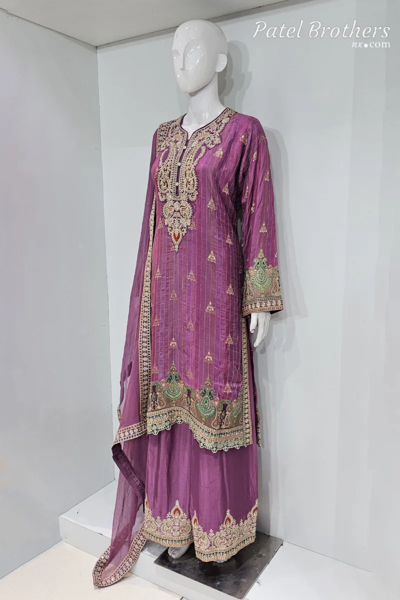 Royal Purple Pure Banarasi Muslin Silk Top and Bottom with Chiffon Dupatta | 3364 A - Patel Brothers NX 7