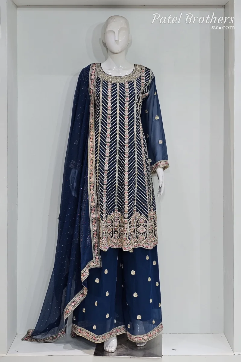 Elegant Navy Blue Pure Georgette Peplum Suit | 3542 A - Patel Brothers NX 3
