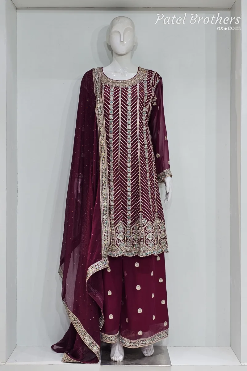 Elegant Dark Maroon Pure Georgette Peplum Suit | 3542 C - Patel Brothers NX 3