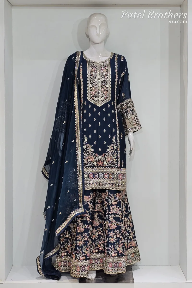 Royal Midnight Blue Chinon Chiffon Embroidered Gharara Suit | 3716 A - Patel Brothers NX 3