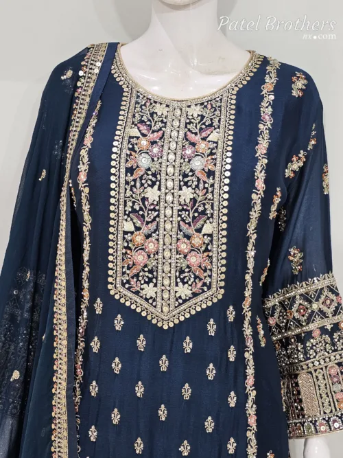 Royal Midnight Blue Chinon Chiffon Embroidered Gharara Suit | 3716 A - Patel Brothers NX 3