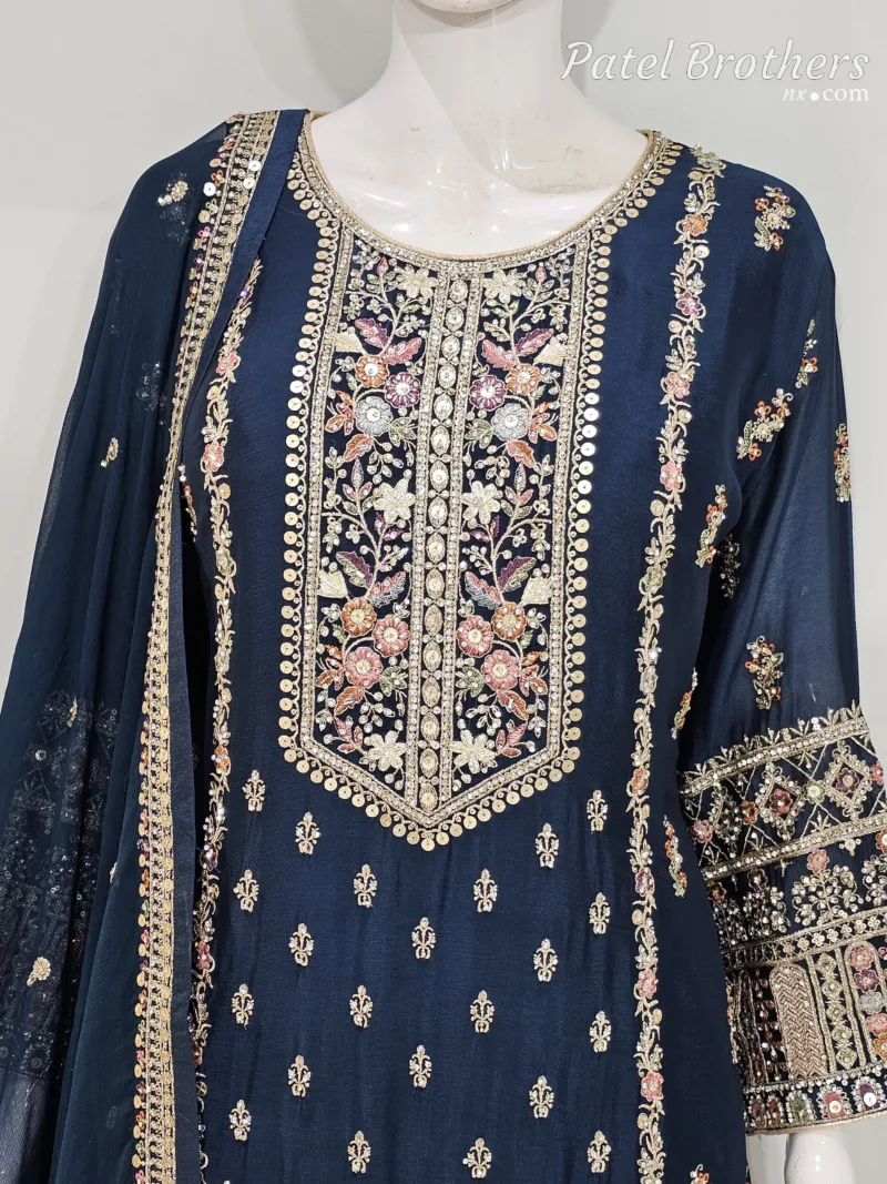 Royal Midnight Blue Chinon Chiffon Embroidered Gharara Suit | 3716 A - Patel Brothers NX 5