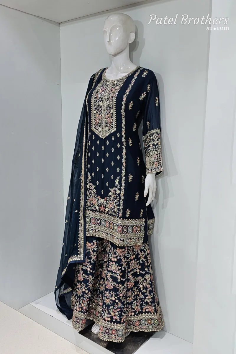Royal Midnight Blue Chinon Chiffon Embroidered Gharara Suit | 3716 A - Patel Brothers NX 4
