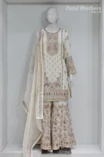 Off-White Chinon Chiffon Embroidered Gharara Suit - Patel Brothers NX 10