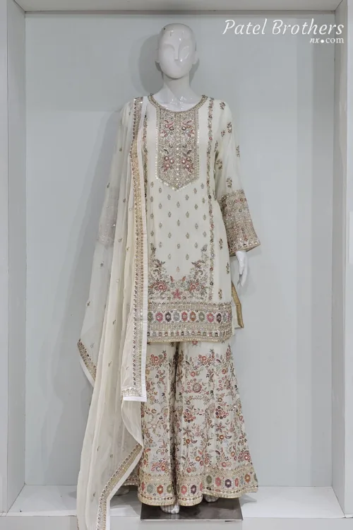 Off-White Chinon Chiffon Embroidered Gharara Suit - Patel Brothers NX