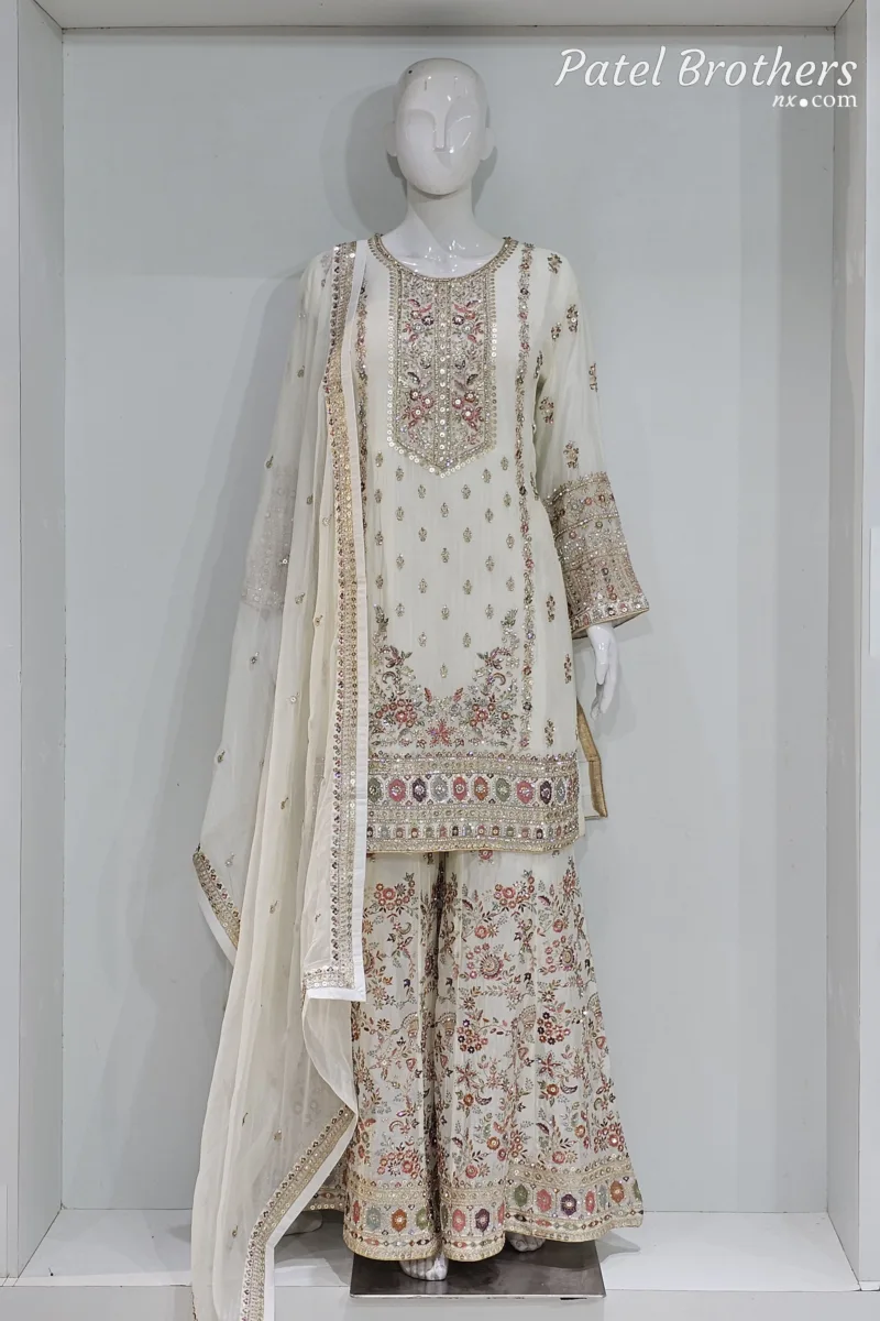 Off-White Chinon Chiffon Embroidered Gharara Suit - Patel Brothers NX 3