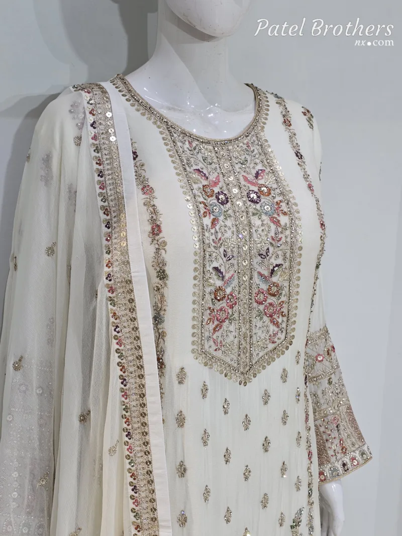 Off-White Chinon Chiffon Embroidered Gharara Suit - Patel Brothers NX 4