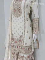 Off-White Chinon Chiffon Embroidered Gharara Suit - Patel Brothers NX 16
