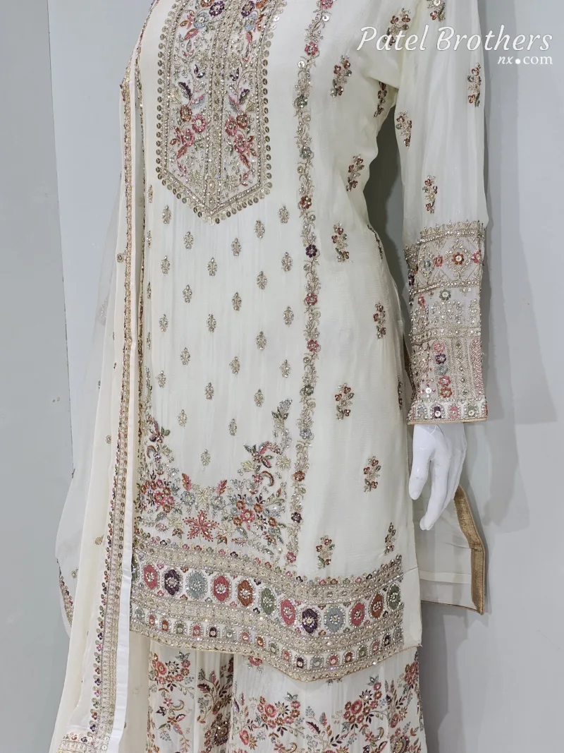 Off-White Chinon Chiffon Embroidered Gharara Suit - Patel Brothers NX 9