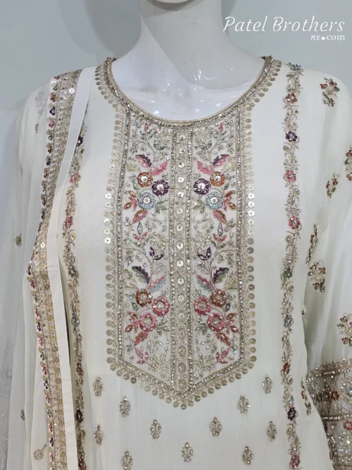 Off-White Chinon Chiffon Embroidered Gharara Suit - Patel Brothers NX 4