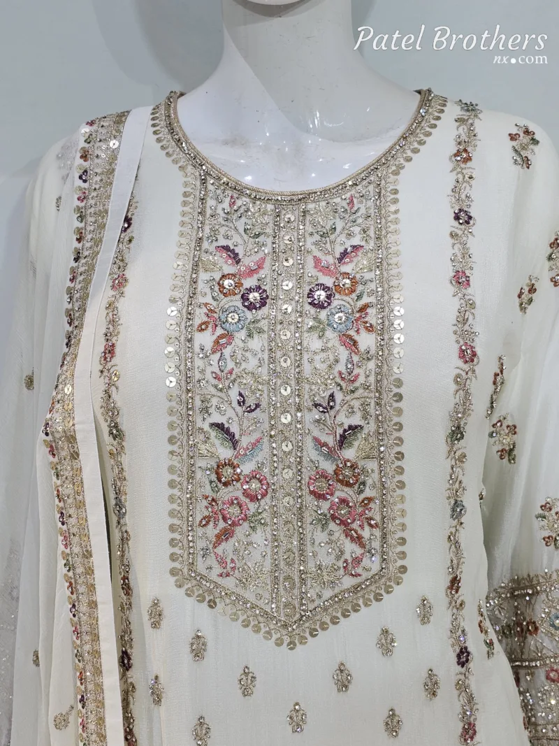 Off-White Chinon Chiffon Embroidered Gharara Suit - Patel Brothers NX 6