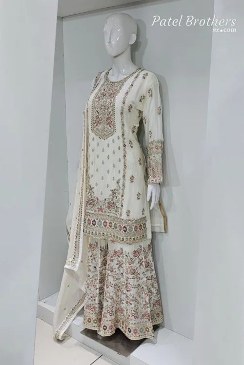 Off-White Chinon Chiffon Embroidered Gharara Suit - Patel Brothers NX 3