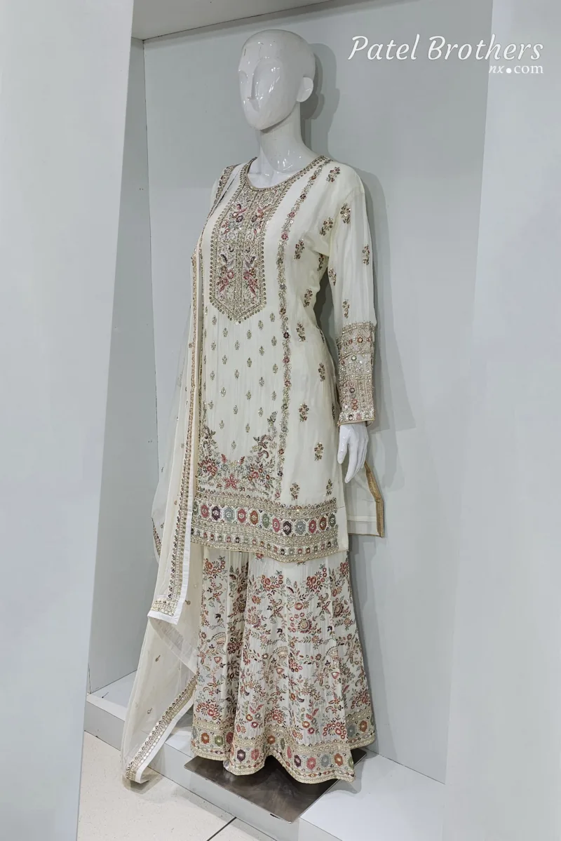Off-White Chinon Chiffon Embroidered Gharara Suit - Patel Brothers NX 5