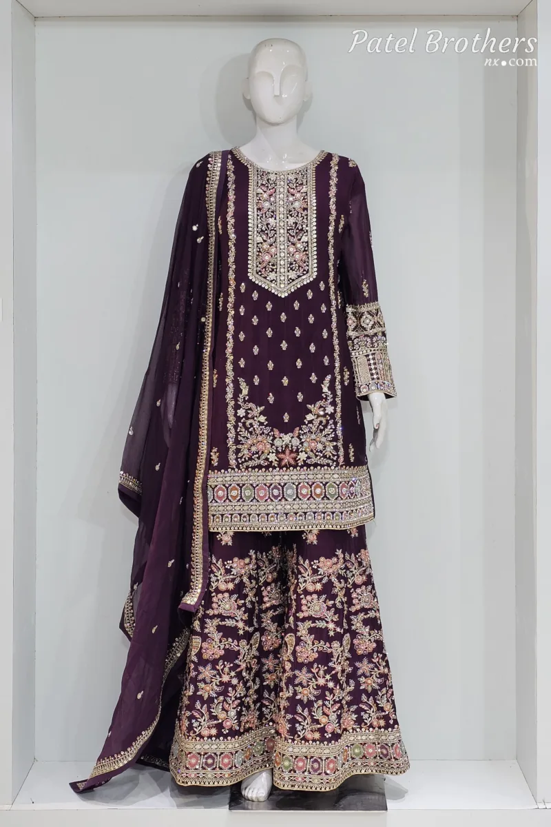 Royal Dark Wine Chinon Chiffon Embroidered Gharara Suit - Patel Brothers NX 3