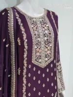 Royal Dark Wine Chinon Chiffon Embroidered Gharara Suit - Patel Brothers NX 10