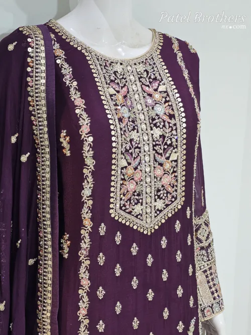 Royal Dark Wine Chinon Chiffon Embroidered Gharara Suit - Patel Brothers NX 2