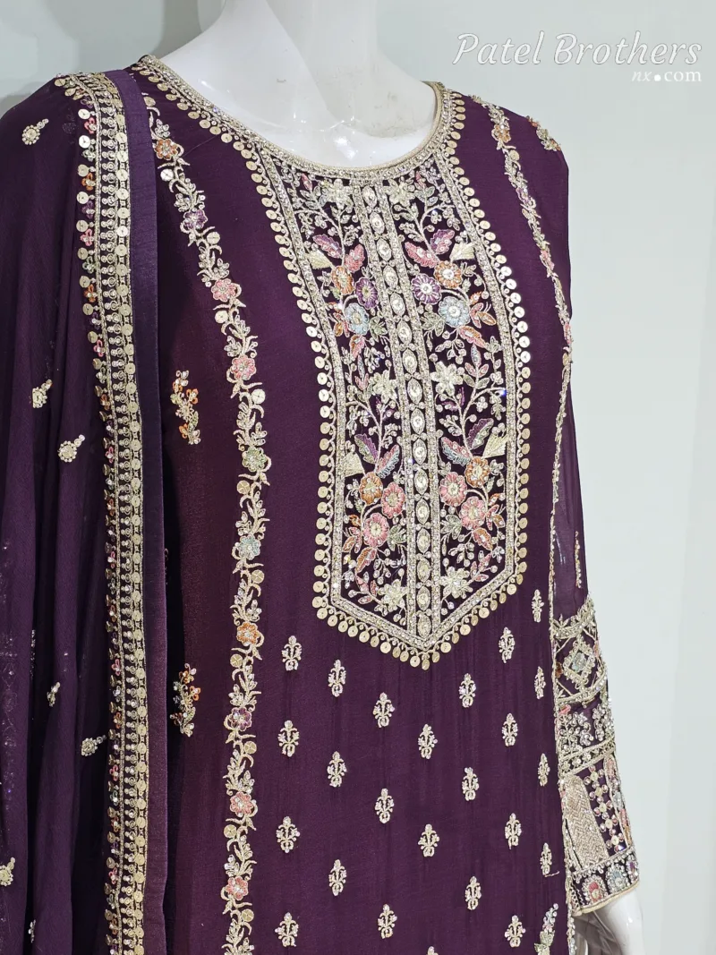 Royal Dark Wine Chinon Chiffon Embroidered Gharara Suit - Patel Brothers NX 4