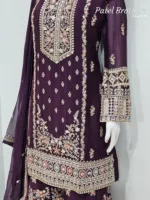 Royal Dark Wine Chinon Chiffon Embroidered Gharara Suit - Patel Brothers NX 14