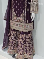 Royal Dark Wine Chinon Chiffon Embroidered Gharara Suit - Patel Brothers NX 13