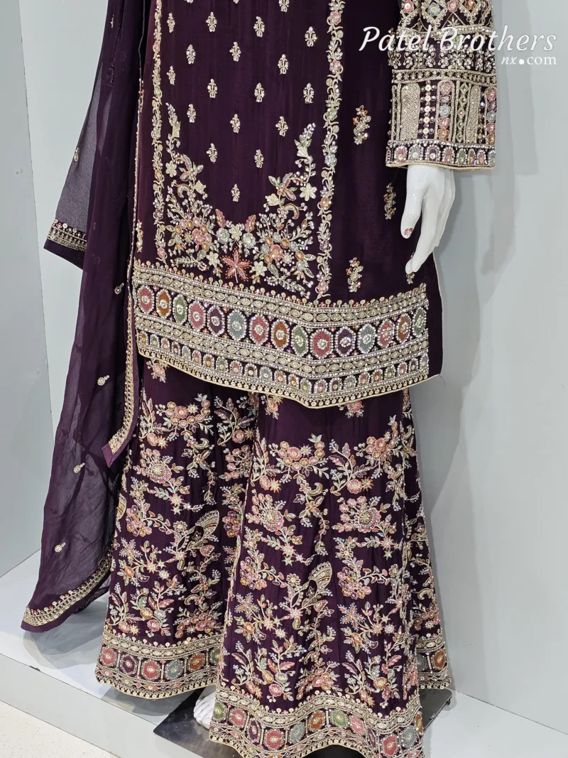 Royal Dark Wine Chinon Chiffon Embroidered Gharara Suit - Patel Brothers NX 7