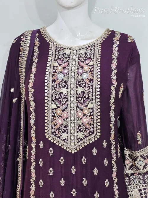 Royal Dark Wine Chinon Chiffon Embroidered Gharara Suit - Patel Brothers NX 4