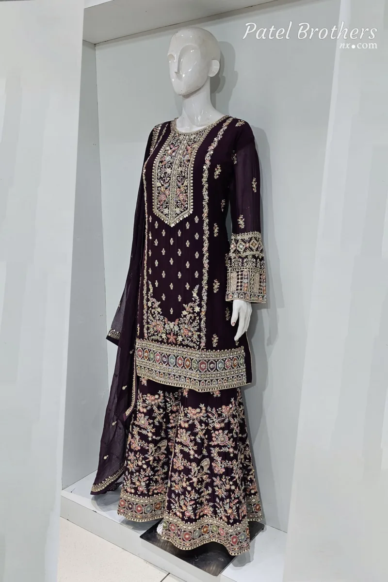 Royal Dark Wine Chinon Chiffon Embroidered Gharara Suit - Patel Brothers NX 5