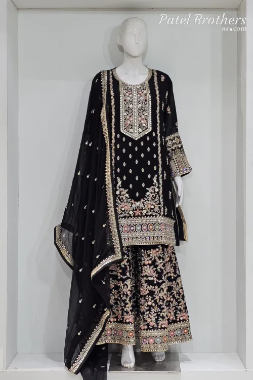 Black Chinon Chiffon Embroidered Gharara Suit - Patel Brothers NX