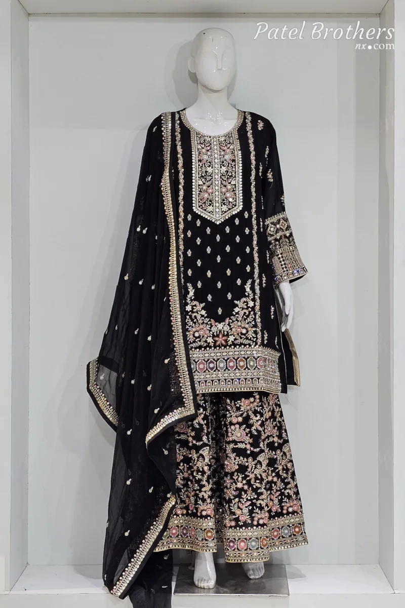 Black Chinon Chiffon Embroidered Gharara Suit - Patel Brothers NX 3