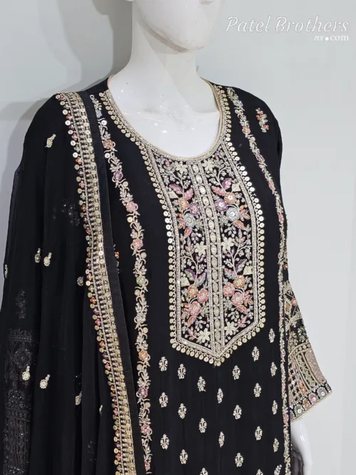 Black Chinon Chiffon Embroidered Gharara Suit - Patel Brothers NX 2