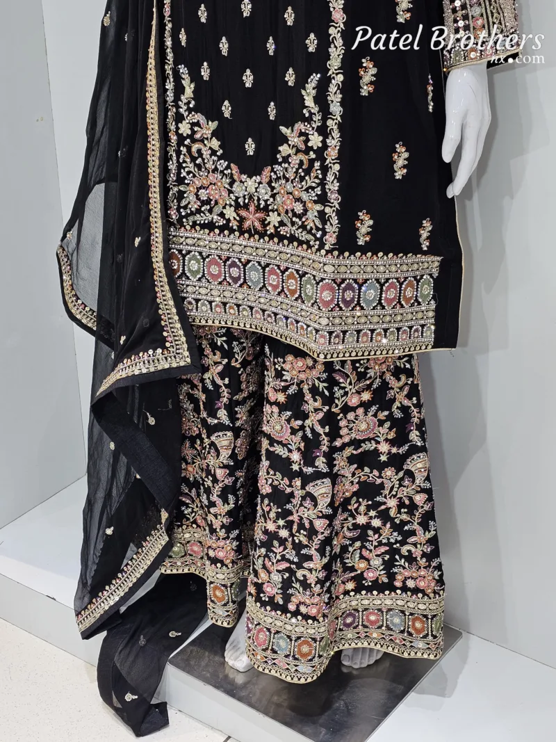 Black Chinon Chiffon Embroidered Gharara Suit - Patel Brothers NX 7