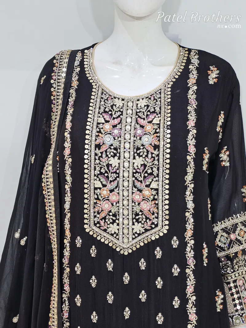 Black Chinon Chiffon Embroidered Gharara Suit - Patel Brothers NX 6