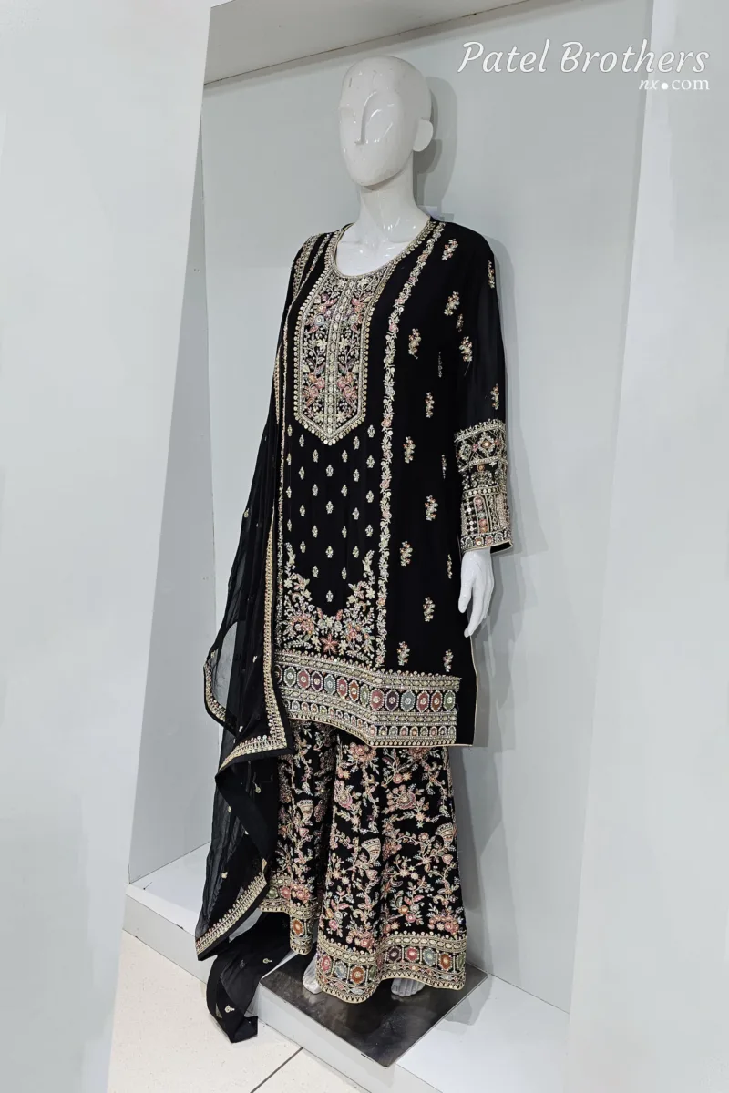 Black Chinon Chiffon Embroidered Gharara Suit - Patel Brothers NX 5