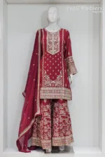Cherry Red Chinon Chiffon Embroidered Gharara Suit - Patel Brothers NX 9