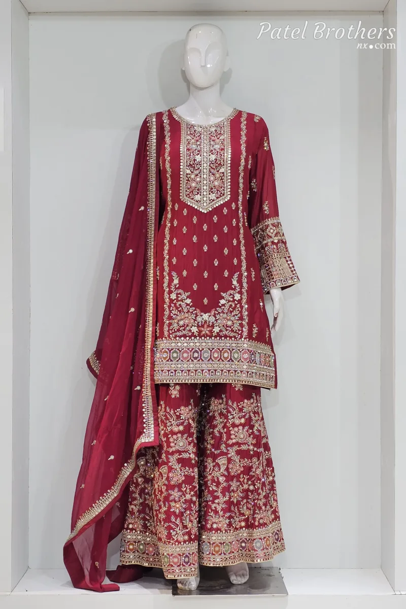 Cherry Red Chinon Chiffon Embroidered Gharara Suit - Patel Brothers NX 3