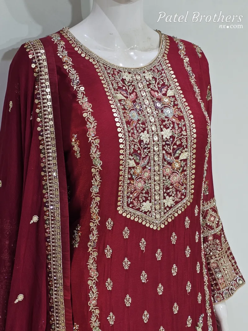 Cherry Red Chinon Chiffon Embroidered Gharara Suit - Patel Brothers NX 4