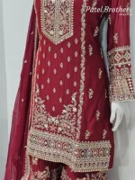 Cherry Red Chinon Chiffon Embroidered Gharara Suit - Patel Brothers NX 14