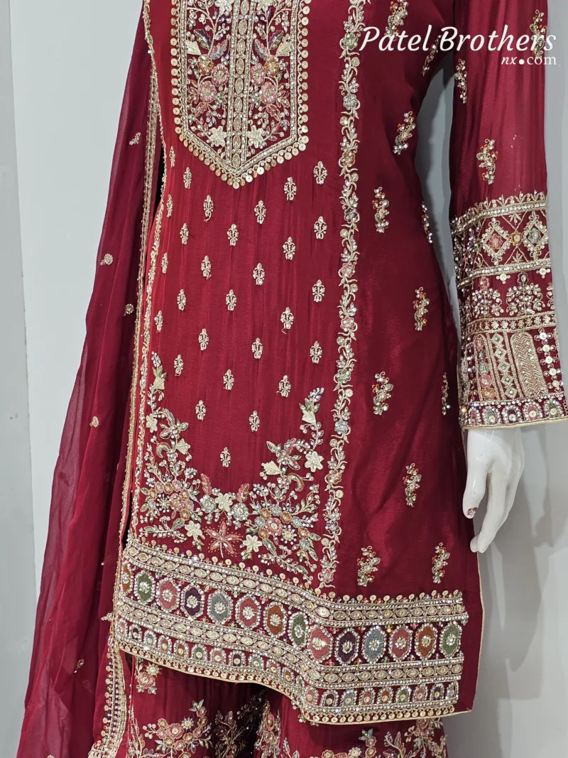 Cherry Red Chinon Chiffon Embroidered Gharara Suit - Patel Brothers NX 8