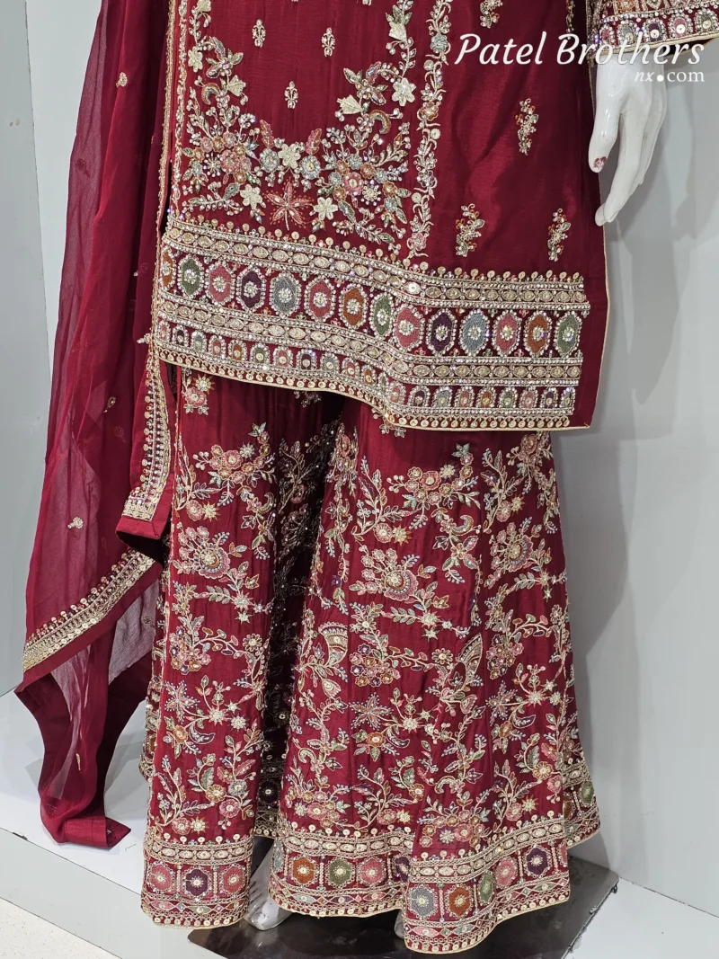 Cherry Red Chinon Chiffon Embroidered Gharara Suit - Patel Brothers NX 7