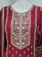 Cherry Red Chinon Chiffon Embroidered Gharara Suit - Patel Brothers NX 12
