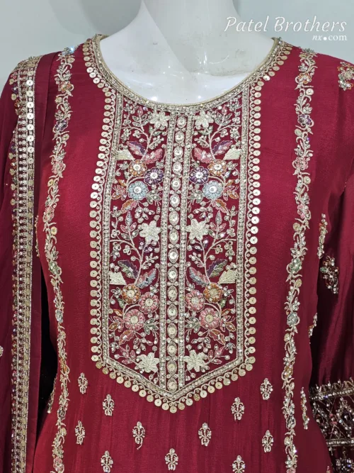 Cherry Red Chinon Chiffon Embroidered Gharara Suit - Patel Brothers NX 4