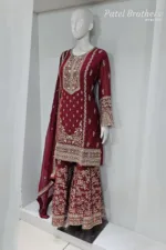 Cherry Red Chinon Chiffon Embroidered Gharara Suit - Patel Brothers NX 11