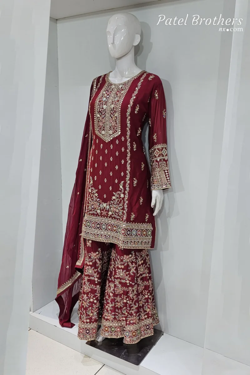 Cherry Red Chinon Chiffon Embroidered Gharara Suit - Patel Brothers NX 5